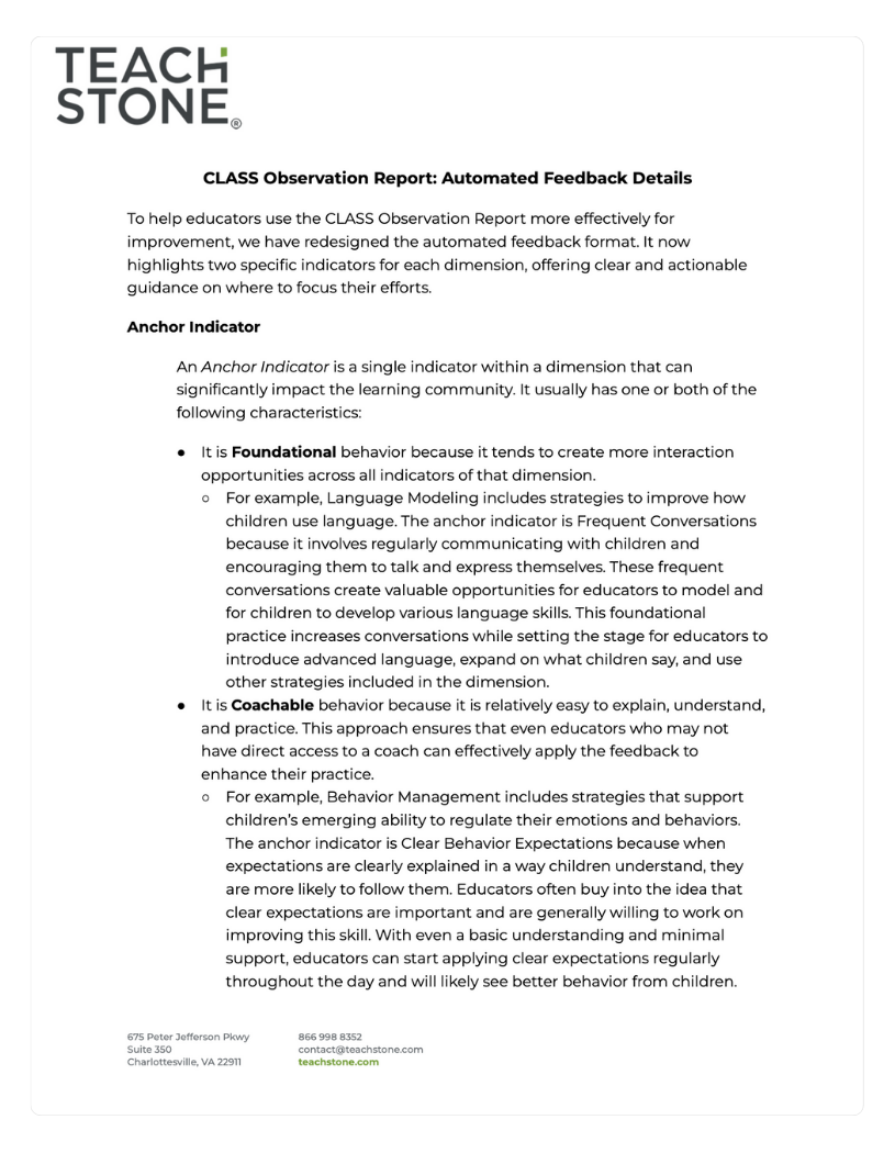 Screenshot of CLASS Observation Report: Automated Feedback Details document in English